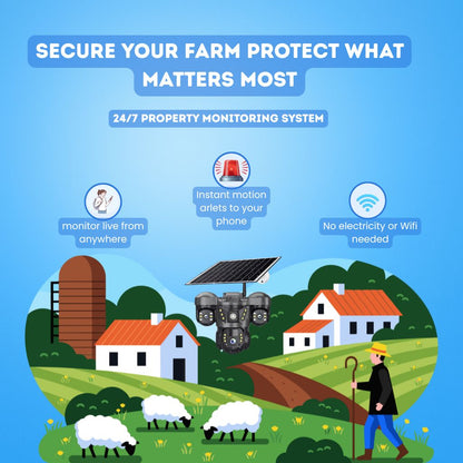 Farm scene with a monitoring system for security, featuring text about 24/7 property monitoring.